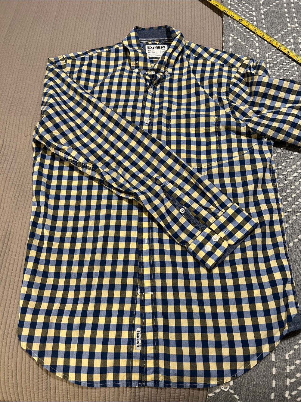 Express Men’s Navy and Yellow Check Cotton Button-Down Shirt